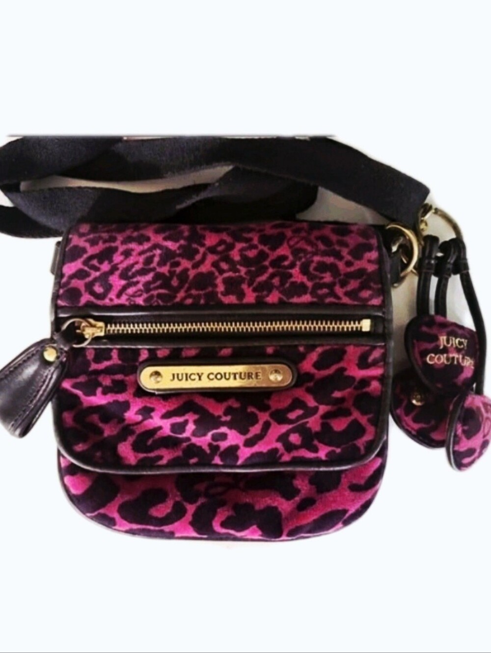 Rare Juicy Couture Y2k Fushchia Pink  Velour Leopard Crossbody Bag Heart Charms